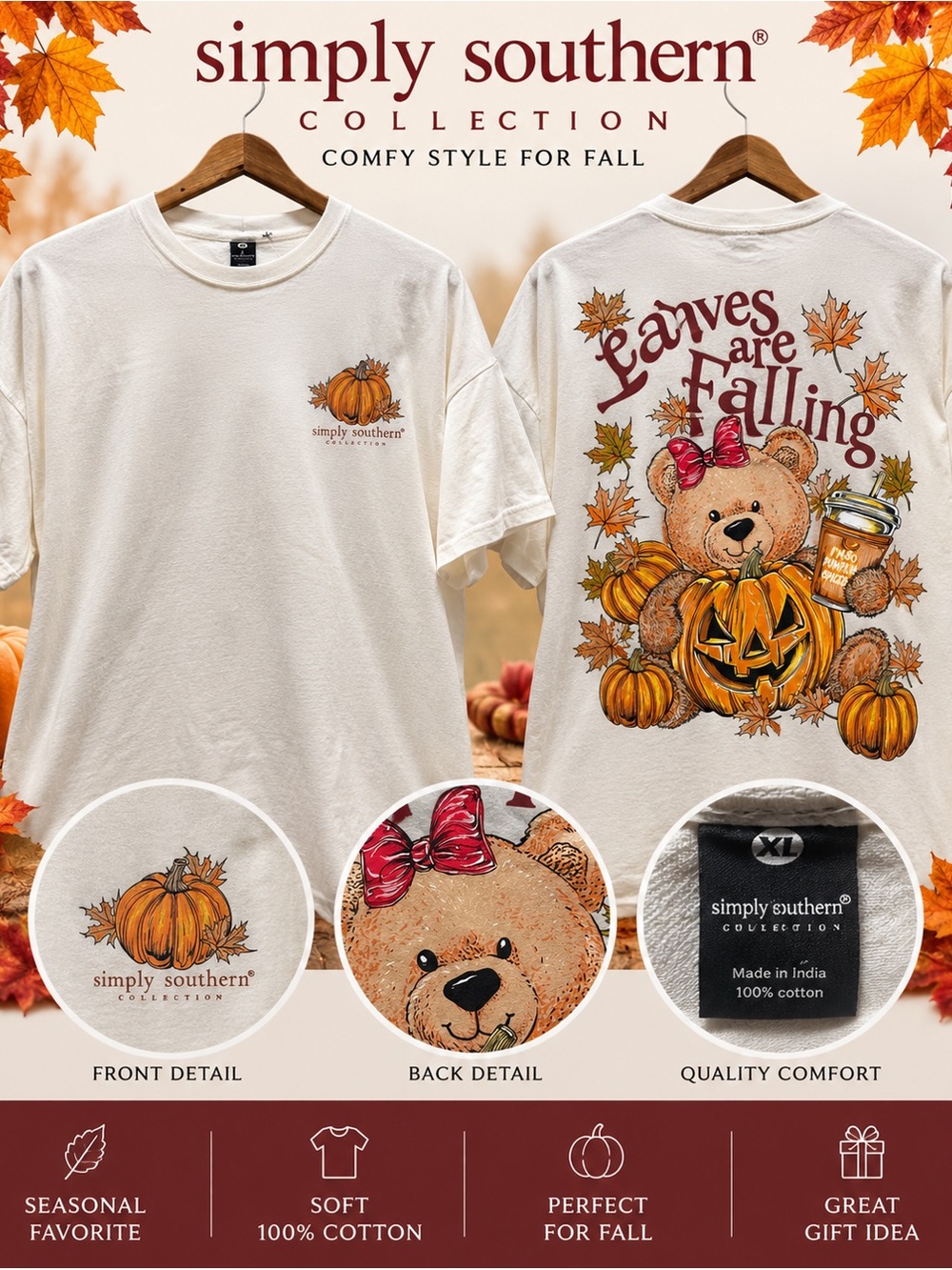 Simply Southern Women’s XL "Leaves Are Falling" Cream T-Shirt Costume